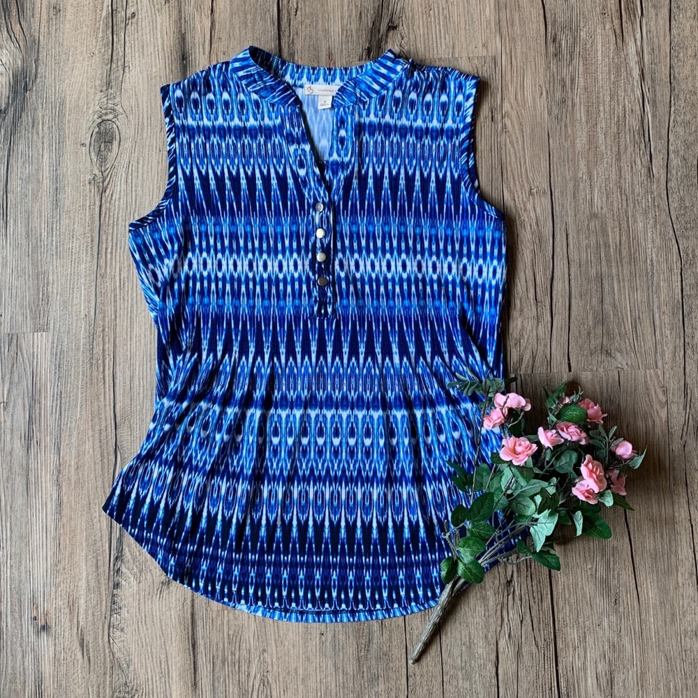 Blue Patterned Sleeveless Blouse
